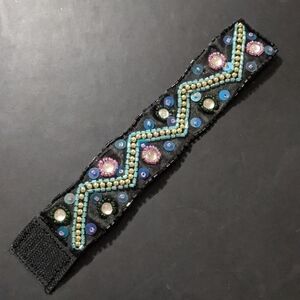 Black Fabric Blue and Gold Beaded Sequin Chevron Statement Bracelet